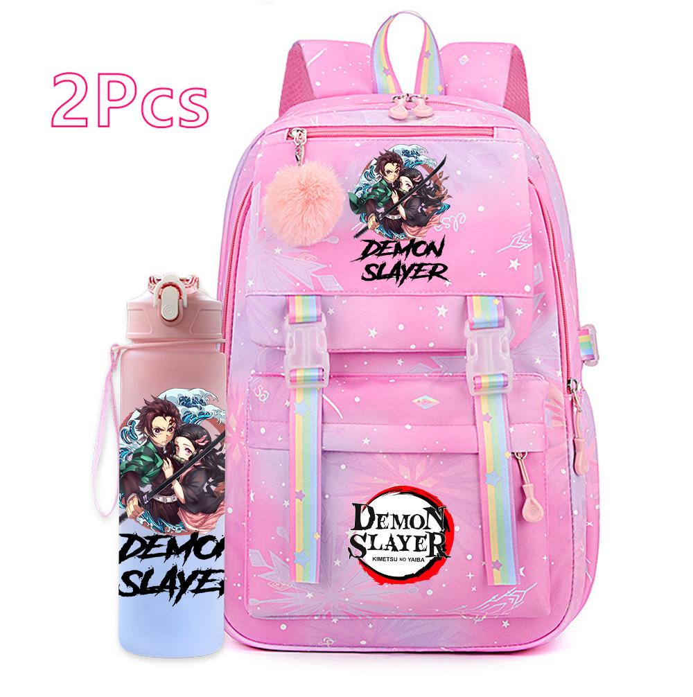 2Pcs/set Anime Cartoon Demon Slayer Printed Backpack with 750Ml Water Bottler for Teenager Bookbag Large Capacity Waterproof Travel Bag Gift