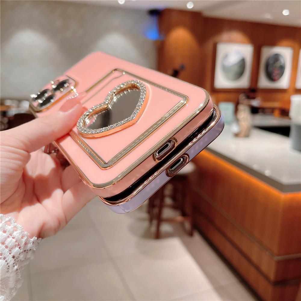 Glitter Rhinestone Love Heart Mirror Plating Wallet Card Case For iPhone 16 15 14 13 11 12 Pro Max XS X 7 8 Plus Soft Slot Cover