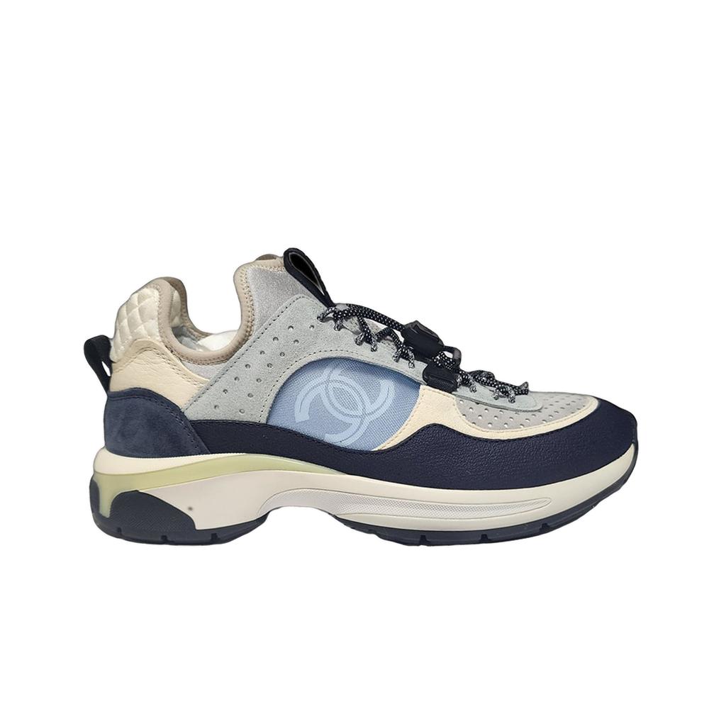 Chanel Sneakers Fabric Suede Calfskin Mesh & Navy Blue Light Grey Light Blue White