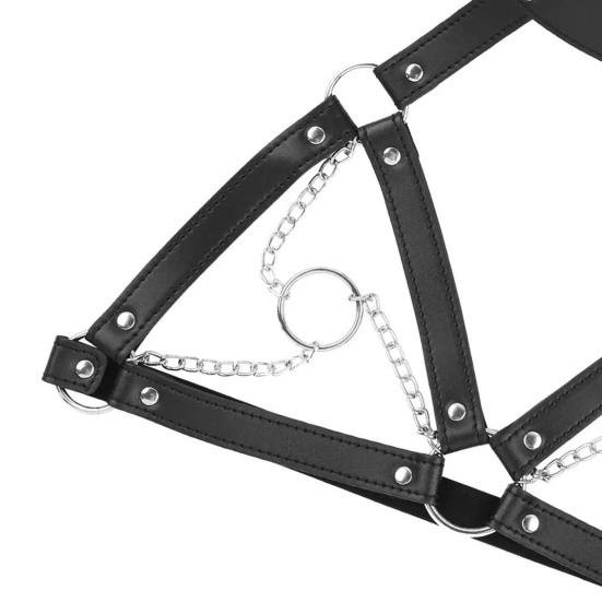 Yousheng Sexy Bra Harness Hollow Out Adjustable Chain Metal Ring Black Nightclub Performances Props Faux Leather Women Sexy Cage Cupless Bra for Home