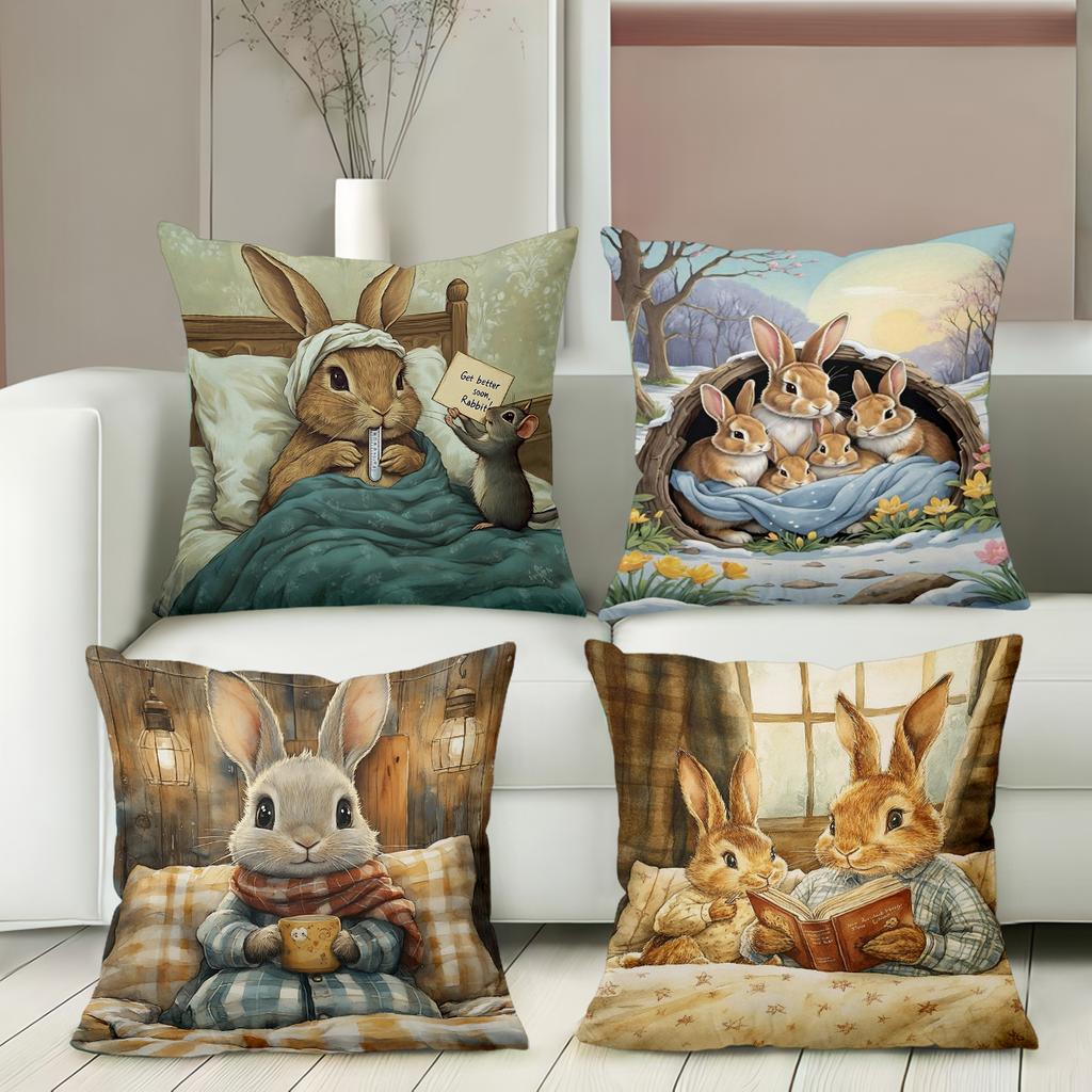 Vintage Rabbit Print Throw Pillow Covers Polyester Sofa Decorative Cushion Cov Headboard Pillow (Without Pillow Core