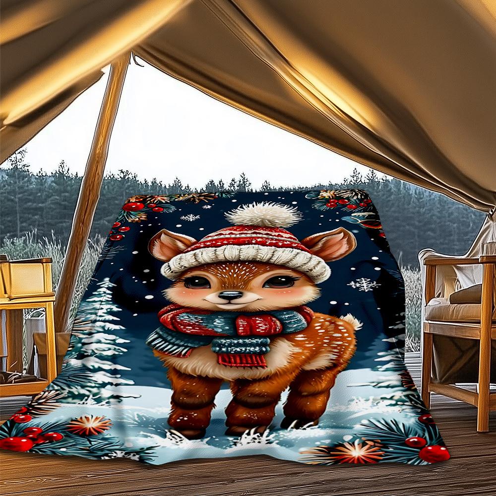 1pc Winter Deer Outdoor Personalized Flannel Blanket, Soft, Lightweight Personalized Flannel Blanket, Digital Printing,