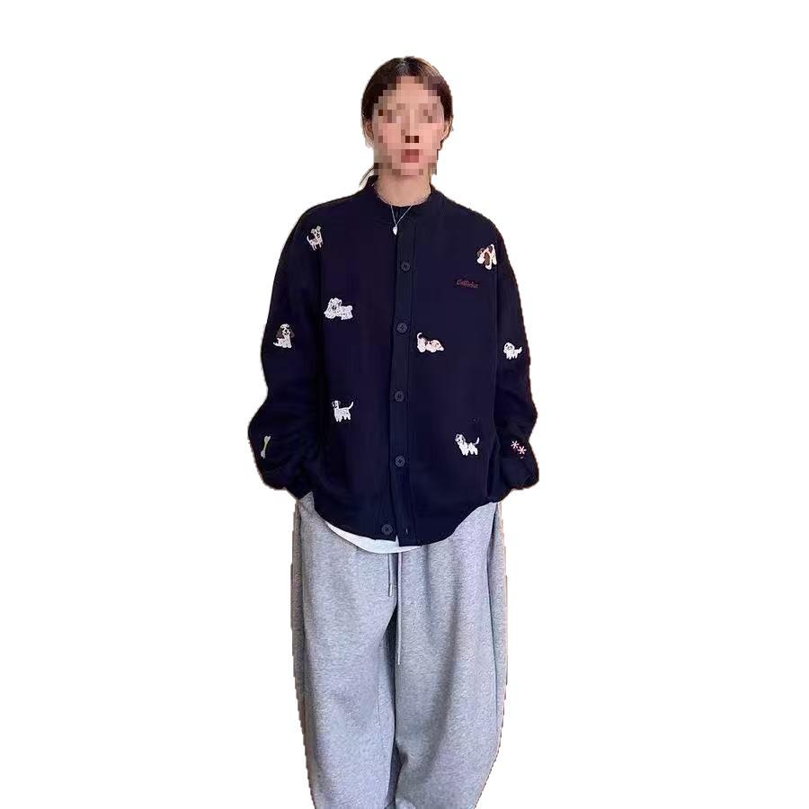Cartoon Puppy Embroidered Stand Collar Unisex Cardigan Jacket - Autumn/Winter Style