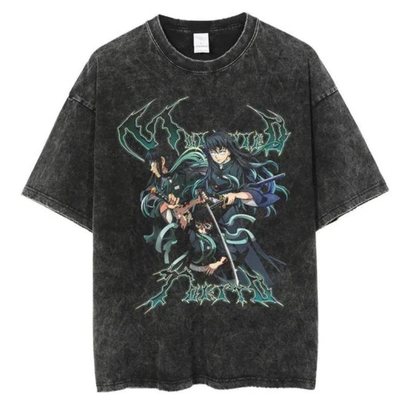 2026 Anime Demon Slayer Retro Washed T-shirt Men's and Women's New Summer Clothing Breathable Fashion Top Streetwear Peripheral Tee