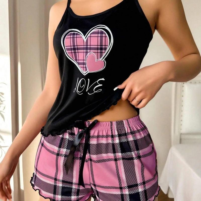 Damen Sexy Träger-Shorts Dünner Pyjama Buchstaben-Print Karoshorts Großer Pyjama Romantische Hauskleidung Sexy Nachtwäsche Kurzer Pyjama