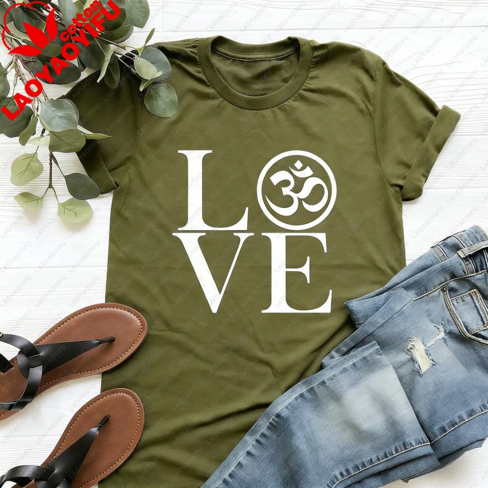 Love Yoga Tee Ohm Symbol Love Yoga Shirt Meditation TShirt Yoga Lover Casual Gift Tshirt Women Daily Life Cotton Clothing