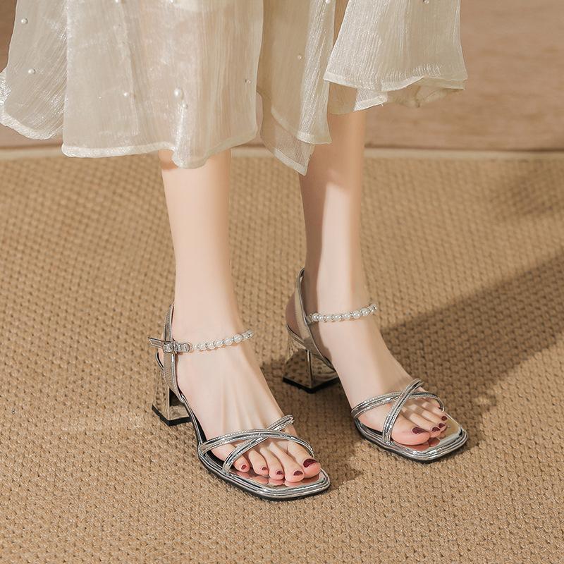 High-heeled Sandals Spring and Summer New Silver Fashion Pearl Straps One-word Strap Thick-heeled Sandals Women