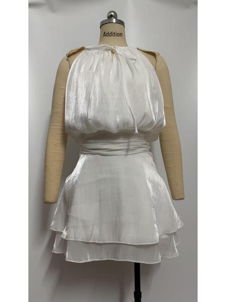 Sexy Lurex Tie-Up Halter Mini Dress - Solid Color, Sleeveless, Round Neck, Spring/Summer Style