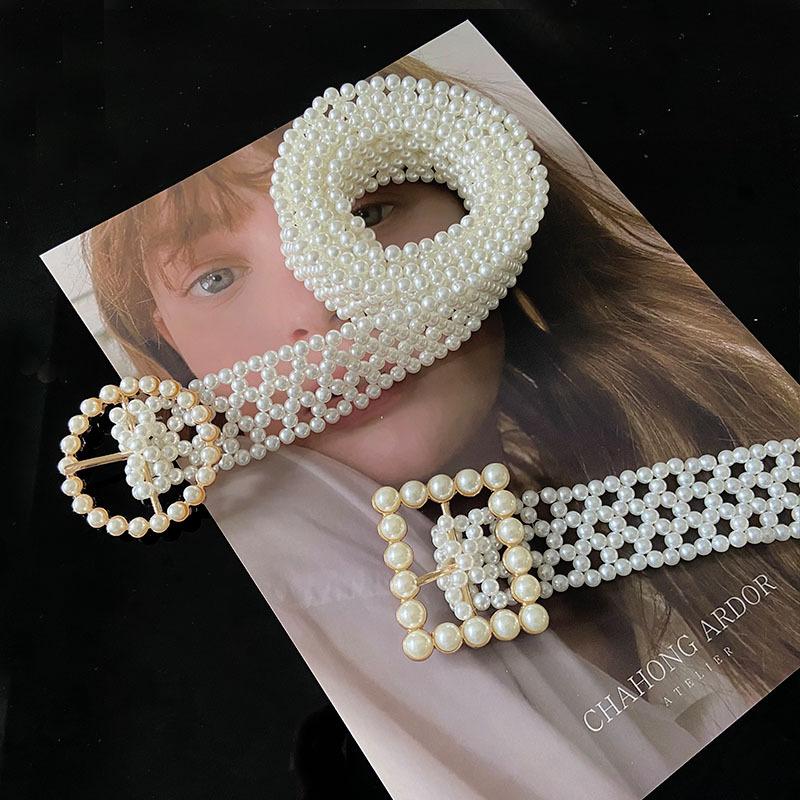 Pearl Ladies Belt Elastic Beaded Waist Chain Women'S, Simple Rhinestone Inlaid Square Buckle Waist Seal Tide