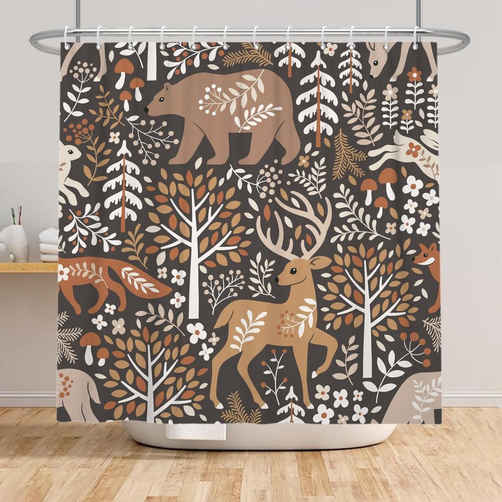 Renaiss Rustic Cabin Shower Curtain Brown Woodland Farmhouse Bath Curtain Hunting Deer Bear Elk Forest Wild Safair Bathroom Decor Animal Shower
