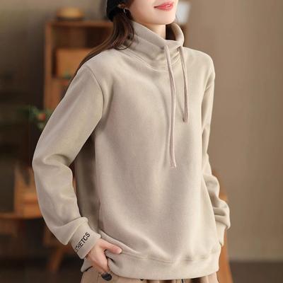 Women's Moral Velvet Sweatshirt Autumn Winter Loose Casual Flocked Pullover Sweatshirt Comfortable Warm Stand Collar Sweatshirt
