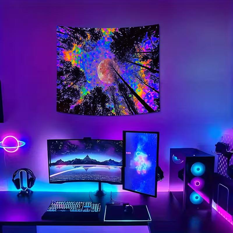 2D Blacklight Forest Moon Tapestry, UV Reactive Trippy Wall Hanging for Bedroom & Dorm