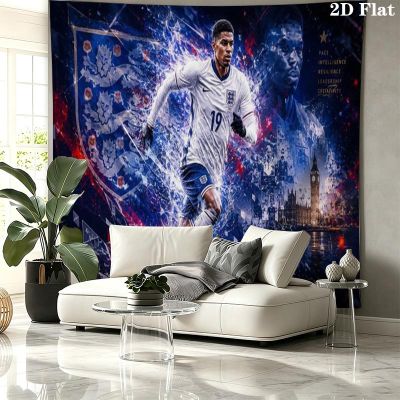England Football Player Wall Tapestry, Soccer Player Portrait with National Badge Print Wall Hanging for Fan Decor