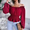 Fashion Elegant Off-shoulder Hem Ruffle Edge Blouse Women Slim Fit Pleated Solid Color Shirt Long Sleeve Casual Simple Short Top Sexy Women's Clothing