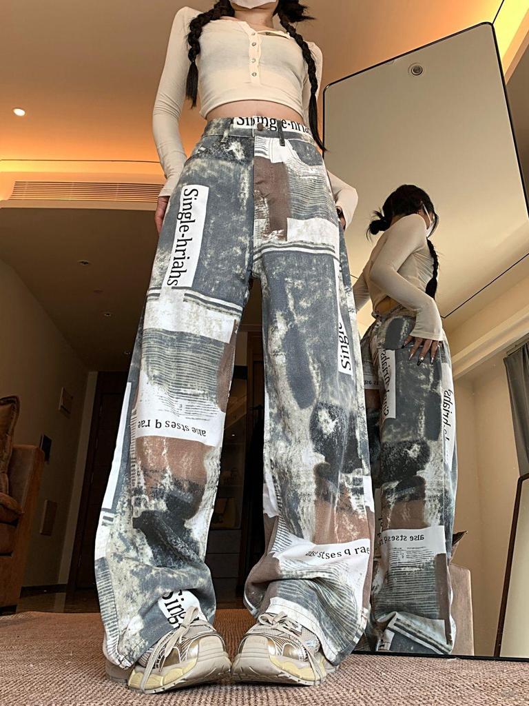 Spicy Girl Newspaper Print Wide-Leg Jeans - Women's Autumn/Winter Slimming Floor-Length Pants