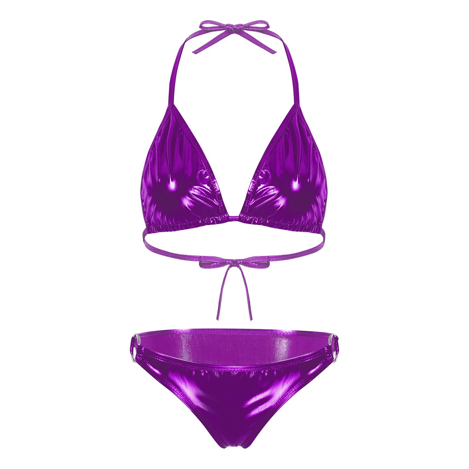

Женский металлический бикини-бюстгальтер с бретелькой через шею и шнуровкой с О-образным кольцом, плавки, купальники для вечеринки у бассейна One Size фиолетовый