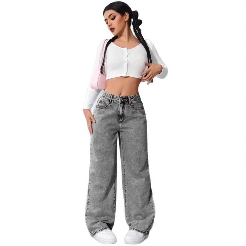 High Waist Wide Leg Denim Pants Women 2025 Bow Embroidery Streetwear Loose Fit Cotton Blend