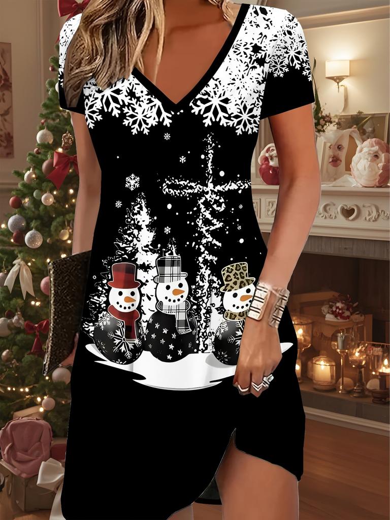 Fashion Women's V Neck Short Sleeve  Christmas Snowman Printed  Dress Sex Short Skirt Dresses
