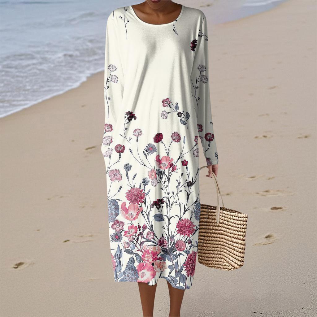 Women's Fashion Casual Long Sleeve Retro Floral Print Round Neck Pocket Elegant Temperament Dress