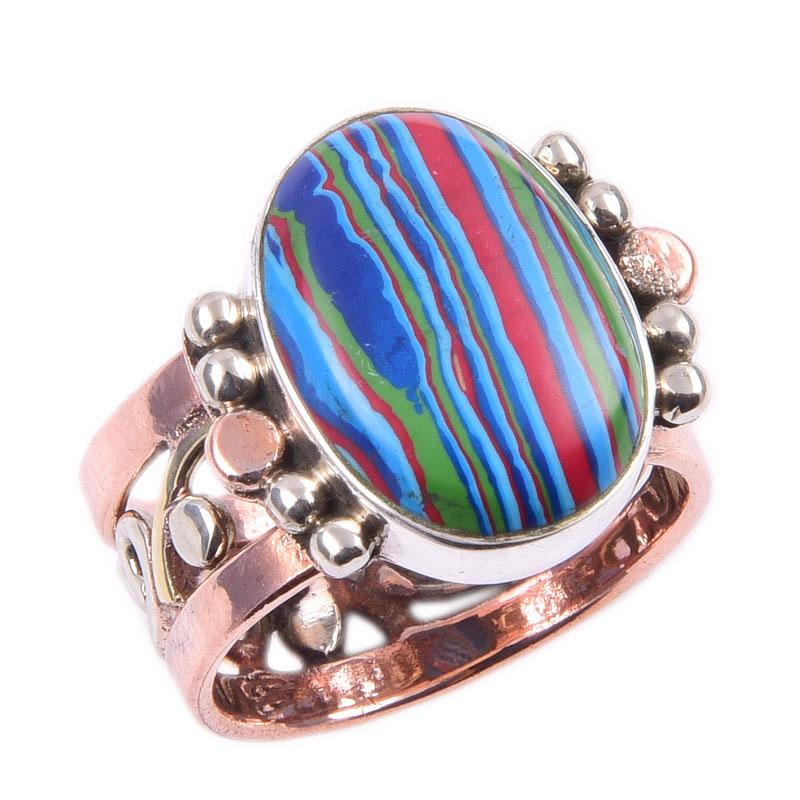 Natural Rainbow Calsilica Gemstone 925 Sterling Silver Two Tone Ring Size 6 Q2V95