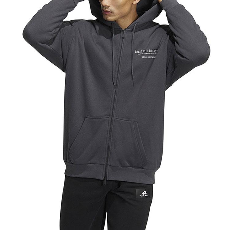 Adidas Alphabet Print Pattern Drawstring Pullover Hoodie Sweatshirt Jacket Men Outerwear Grey HZ7028