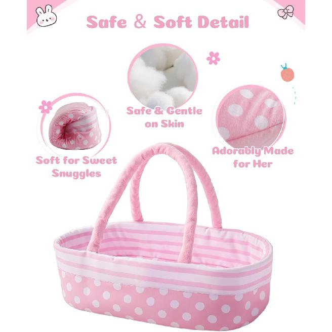 BABESIDE 8 Pcs Baby Doll Accessories, Reborn Baby Dolls Clothes with Bassinet for 17-22 Inch Baby Dolls, Outfit Fit Newborn Babies Doll Girl, Babies