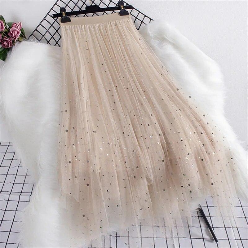 Women Fairy Star Sequins Mesh Tutu Skirt Shiny Elastic Waist Long Tulle A-line Skirt