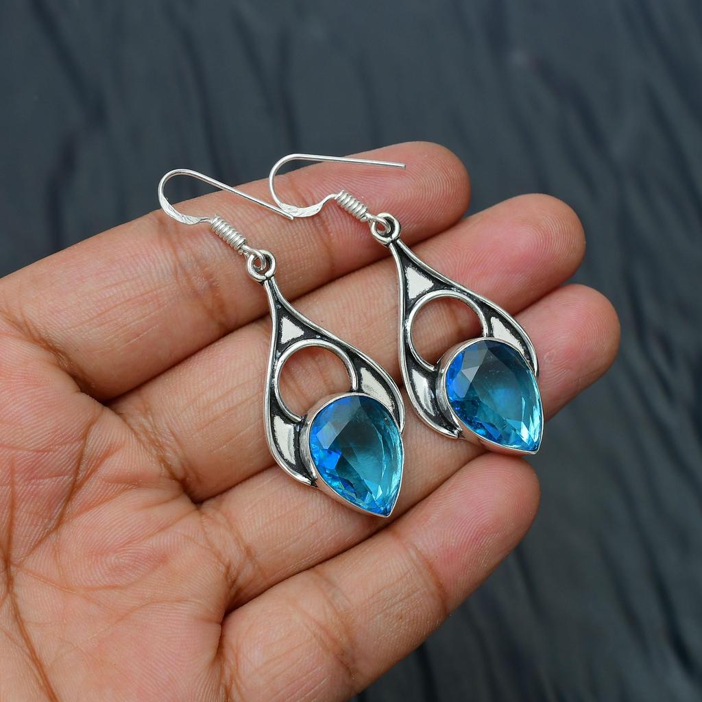 Blue Topaz Gemstone Handmade 925 Sterling Silver Jewelry Earring