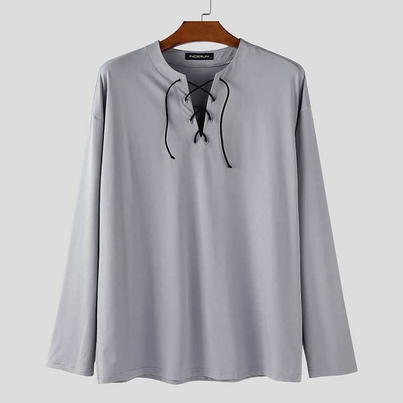 INCERUN Men Lace-up Neck Long Sleeve Casual Loose Undershirts Basics Tops