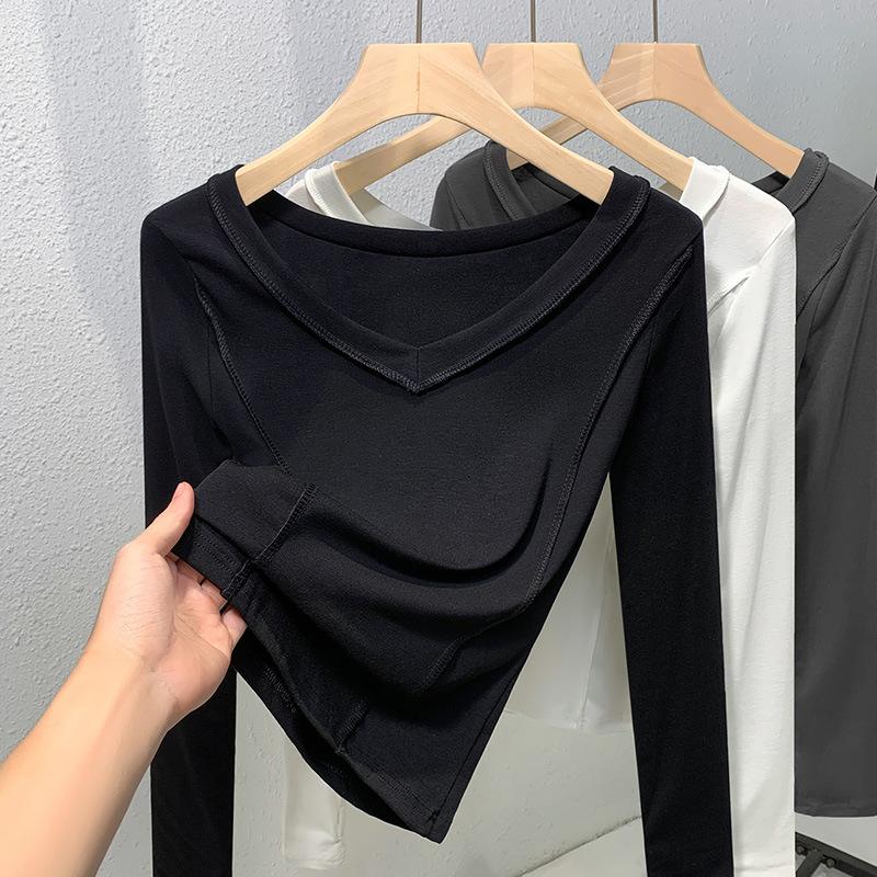 Bílé francouzské klíční kosti odhalené V-neck ramenní tričko pro ženy s dlouhým rukávem kulatým výstřihem vnitřní spodní tričko módní top snižující věk