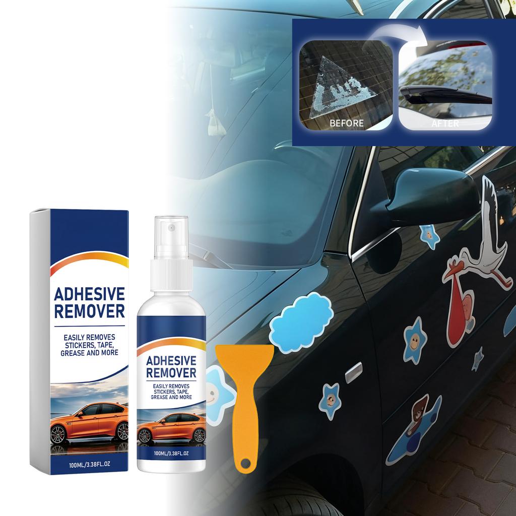 Spray Rimuovi Adesivi 100ml per Auto Pulizia Macchie e Colla Multi-Superficie Include Raschietto in Plastica per un Facile Utilizzo