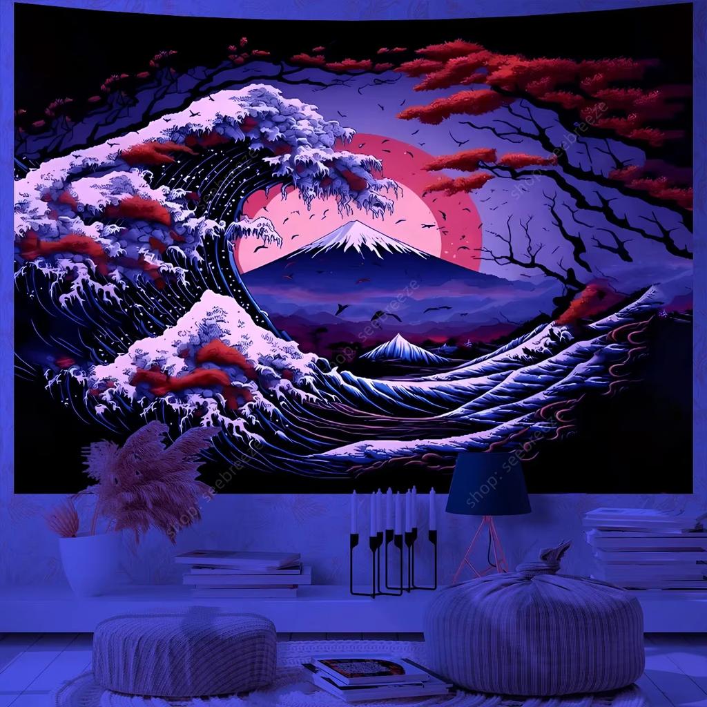 Japanese Great Waves UV Reactive Tapestry Mount Fuji Wall Hanging Cloth Aesthetic Room Home Decor Background Flag Wall Art Decor