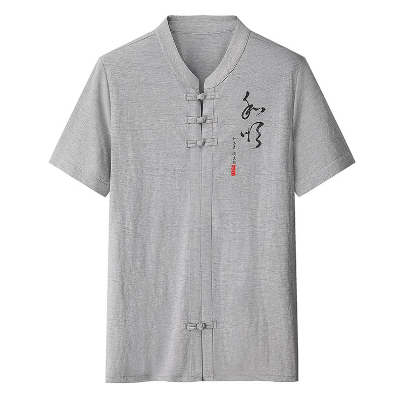 

2025 Лето Мужские Новые Футболки с Дисковой Пряжкой Топы Ханфу Китайский Стиль Моды Повседневная Футболка Мужской Свободный Дышащий Пуловер 3XL светло-серый