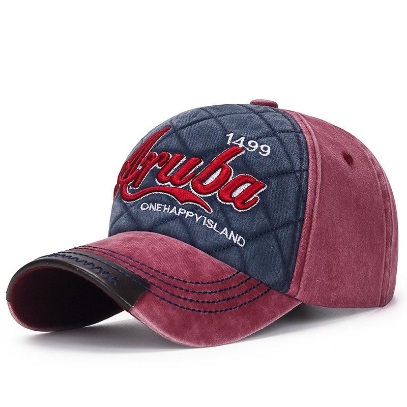 Retro Aruba 1499 Quilted Baseball Cap Unisex Washed Denim Style Dad Hat 3D Letter Embroidery Pu Leather Brim Snapback Sun Cap