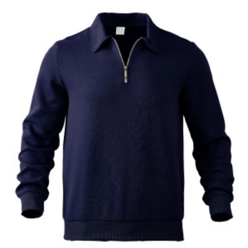 

Men s Khaki Textured Quarter Zip Polo Sweatshirt, Casual Long Sleeve Collared Top for Daily Wear 3XL темно-синього кольору