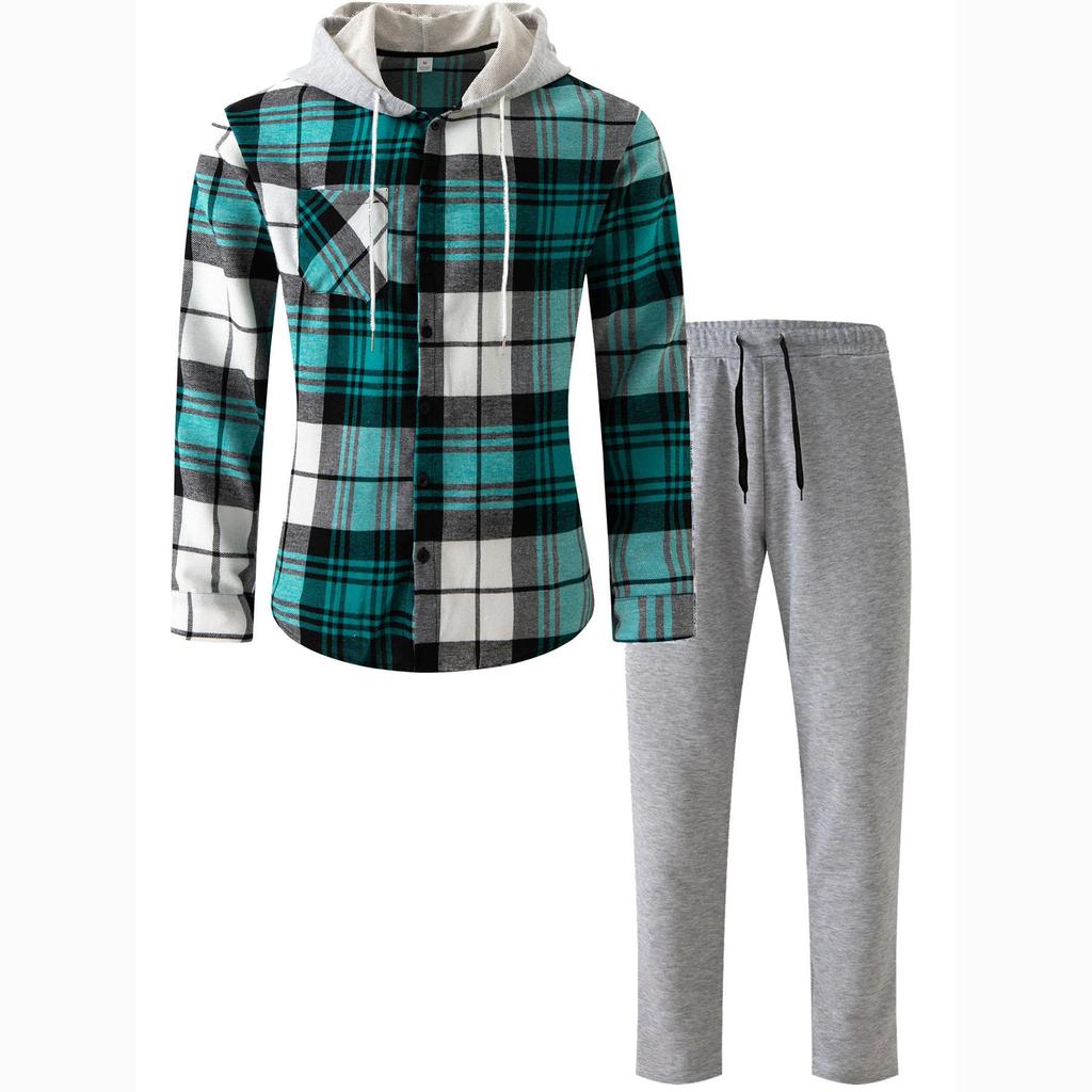Autumn Men's Casual Sports Hooded Long Sleeve Plaid Shirt Trousers Set