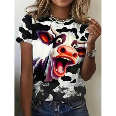 Camiseta com estampa de vaca feliz para mulheres, camiseta engraçada com estampa 3D de animais, camisetas da moda de verão, mangas curtas, gola redonda, tops streetwear
