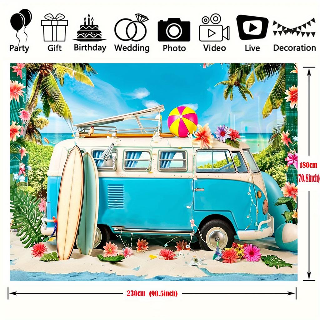 Summer Beach Party Background Banner - Tropical Hawaiian Themed Polyester Photo Background with Vintage Blue Van
