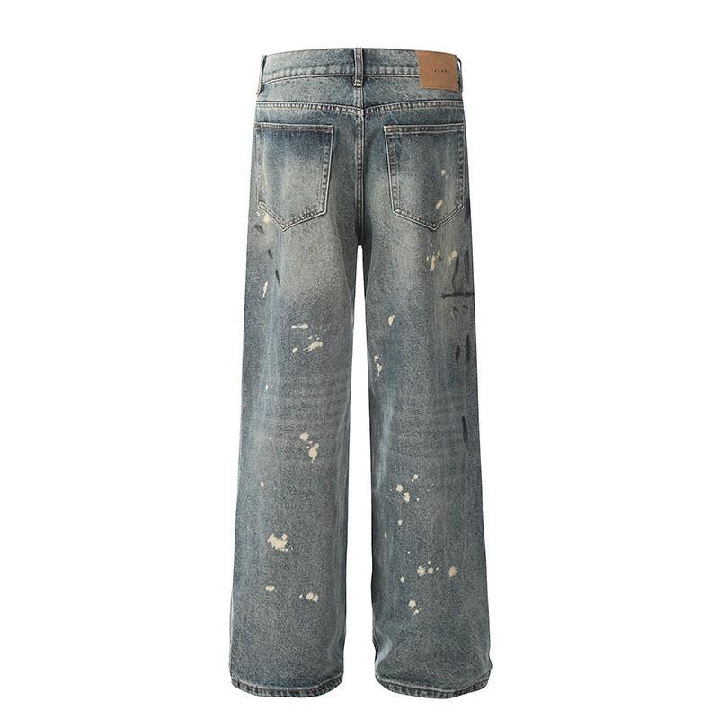 Relaxed Fit Distressed Washed Denim Jeans Men Women Streetwear Loose Straight Leg Tapered Drop Crotch Pants