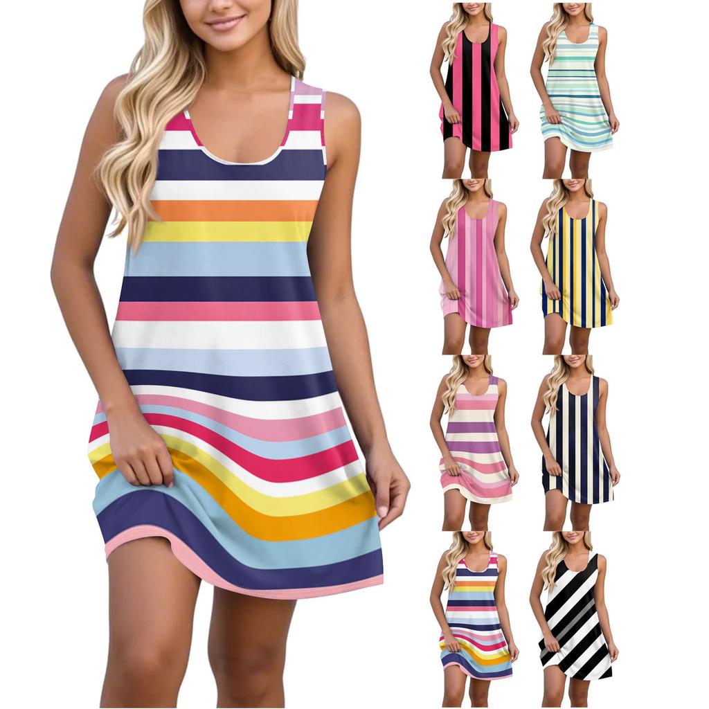 Women's Fashionable Casual V-neck Sleeveless Striped Print Dress