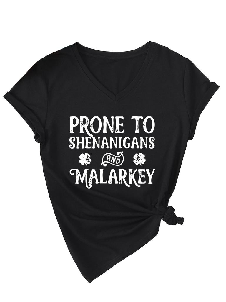 Fashionable and Versatile Prone To Shenanigans Printed Top V-neck Short Sleeved Women's T-shirts