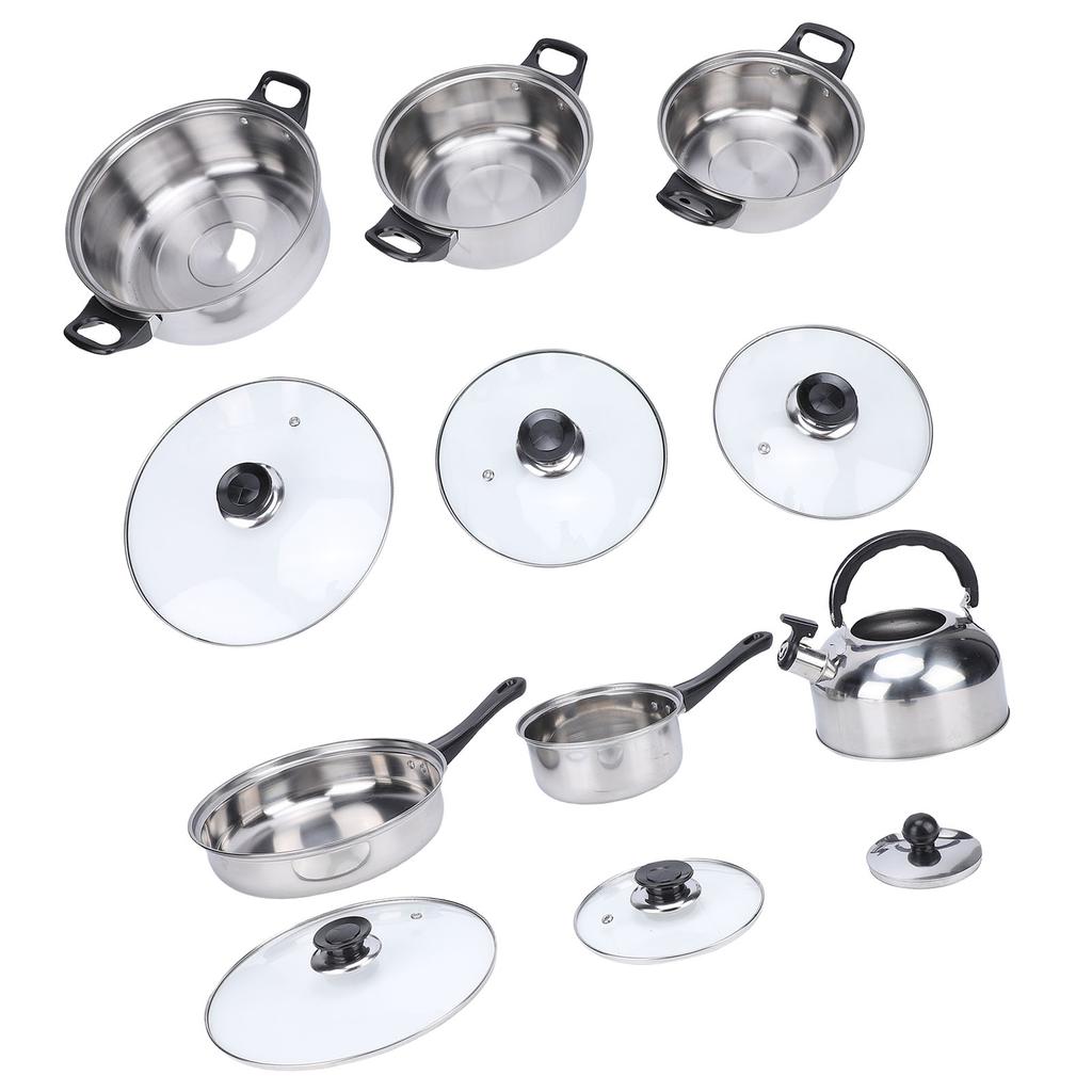 Cookware Set Stainless Steel Kitchen Pots and Pans Set with Tea Kettle Glass Lids for Cooking Frying Boiling Stewing