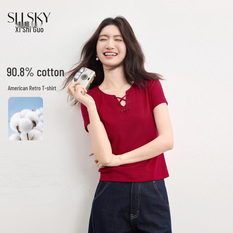 Women s American Retro V-Neck Tie-Up Short Sleeve T-Shirt M