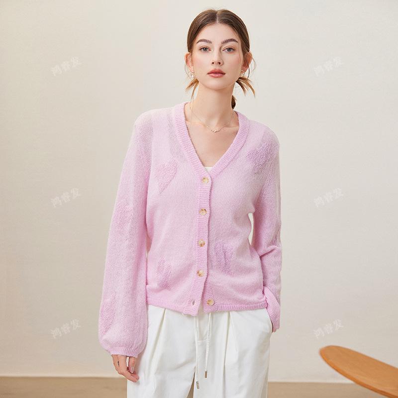 

Spring Wool Mohair Jacquard V-Neck Long Sleeve Knitted Cardigan Large белый