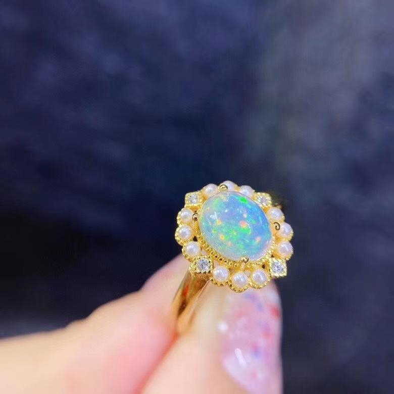 Imitation Natural Opal Ring, Luxury Temperament Colored Treasure Pendant Jewelry Set, Stud Earrings Necklace.
