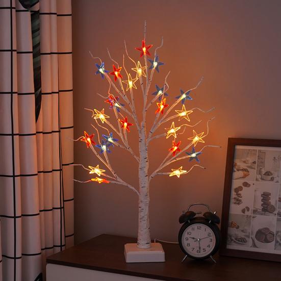 4th of July Decorative Lights Patriotic Tree Ornaments 18 Inch Tabletop Decor with 24 Red White Blue LED Star Lights