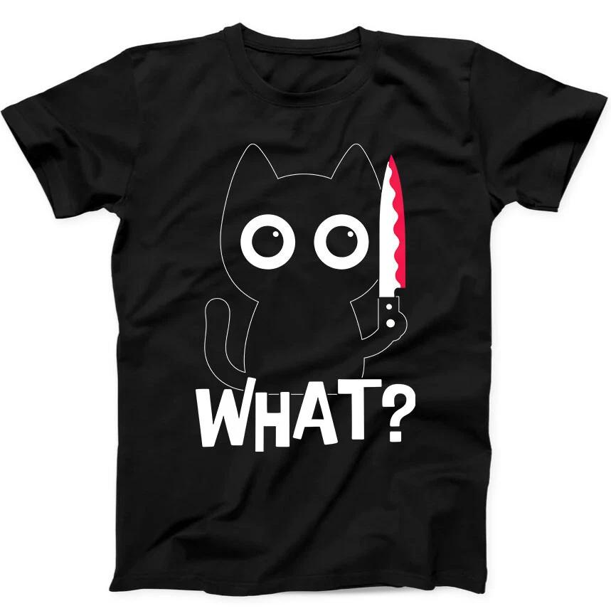 Cat What Murderous Black Cat With Knife Meme Funny Gift Black T Shirt 246
