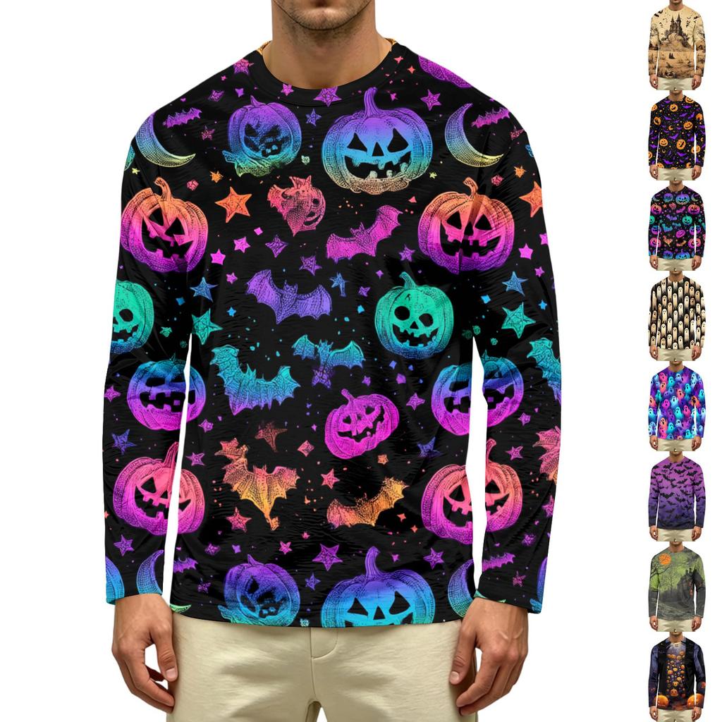 Men's Casual Long Sleeve Crew Neck T-Shirt with All Over Ghost Print Lightweight Comfortable Fit for Everyday Wear