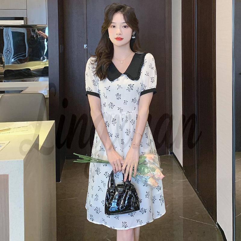 

Japanese Style Slimming A-line Chiffon Dress with Doll Collar and Short Sleeves S