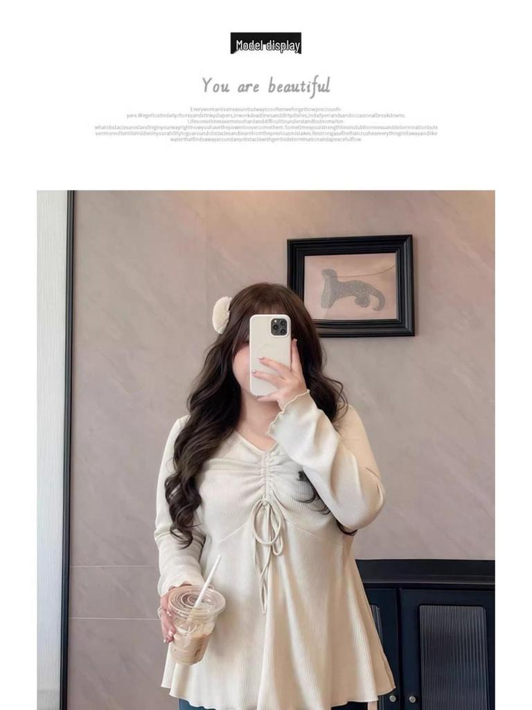 Plus Size V-Neck Drawstring Long-Sleeve T-Shirt Women's Spring/Autumn Loose Slimming Top